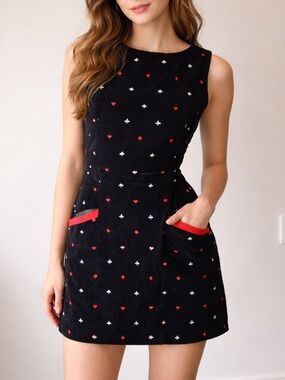 Samantha Pleet Black Sleeveless Mini Dress with Red & White Playing Card Suits